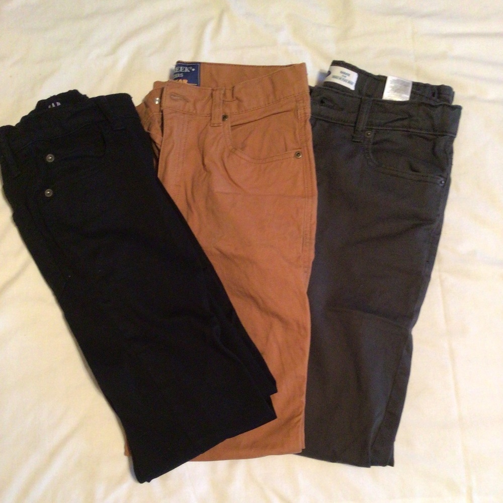 Old Navy gray pants, Gap black pants, Bass Creek tan pants